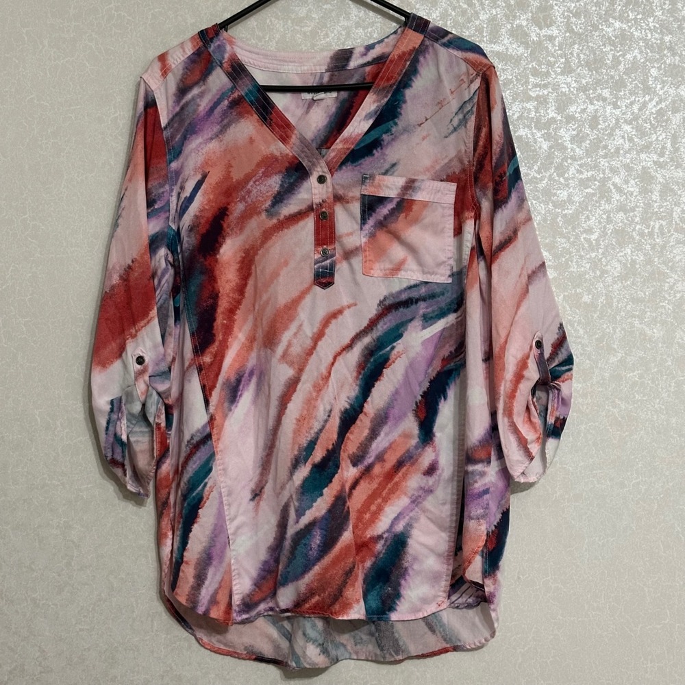 Westbound V-neck‎ Roll Tab Sleeve Tunic Watercolor Print Blouse Tencel Lyocell M